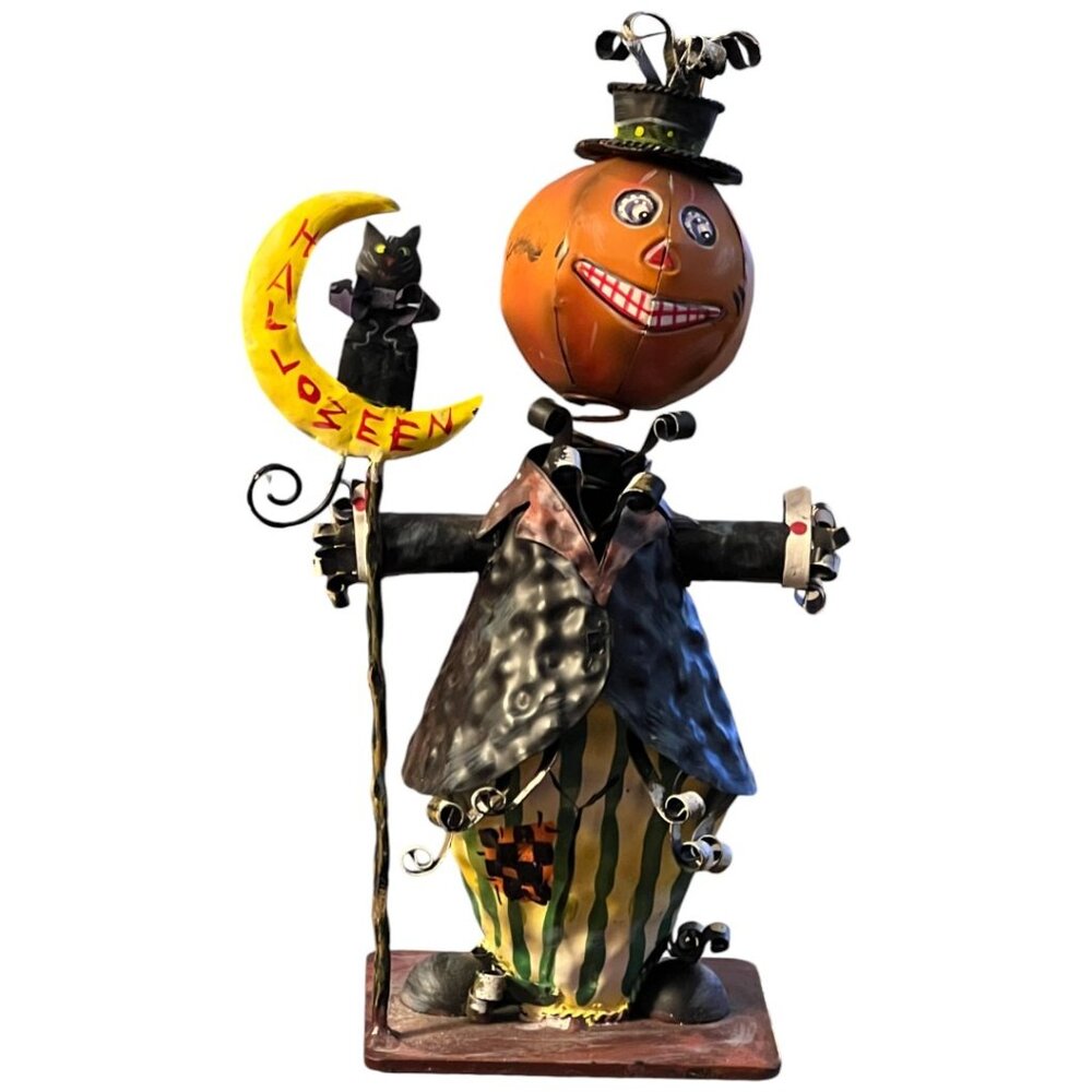 KOOKY SPOOKY Folk Art Metal Halloween Bobblehead Decor Pumpkin Man Moon Cat 10"